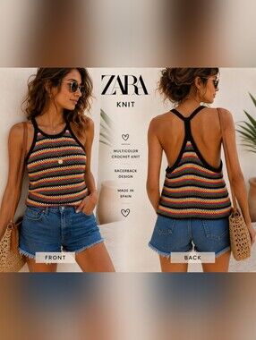 Zara Knit Multicolor Crochet Striped Tank Top Racerback Boho Festival Size Small